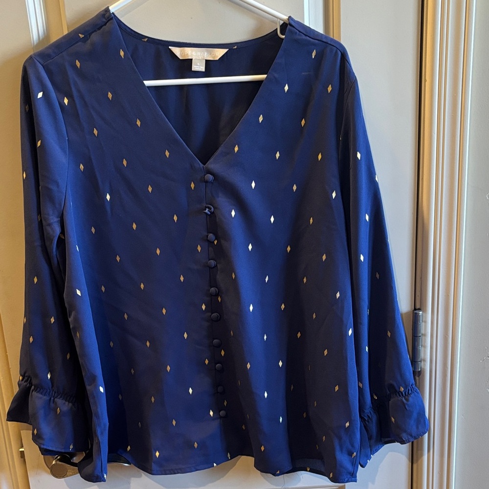 Chic Navy Blue Women's Blouse with Gold Accents